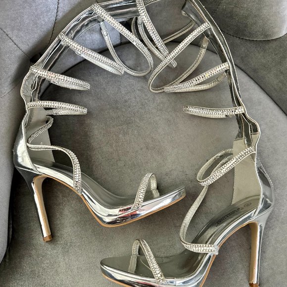 PINK BOUTIQUE Diamond Wrapped Rhinestone Sparkly Thigh High Heels Size 7.5 - Picture 4 of 7